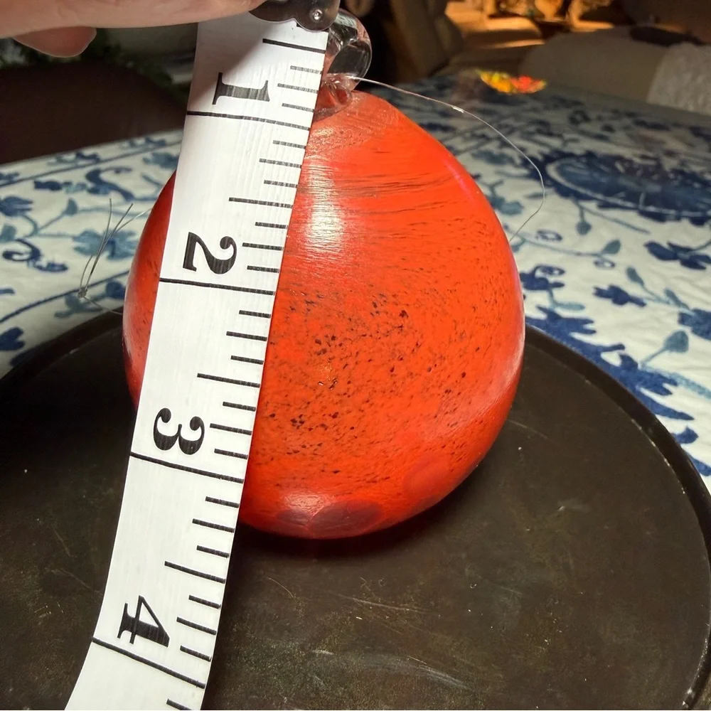 Hand Blown Art Glass Christmas Ornament Red Orange Swirl Speckled Ball Gift 9.5”